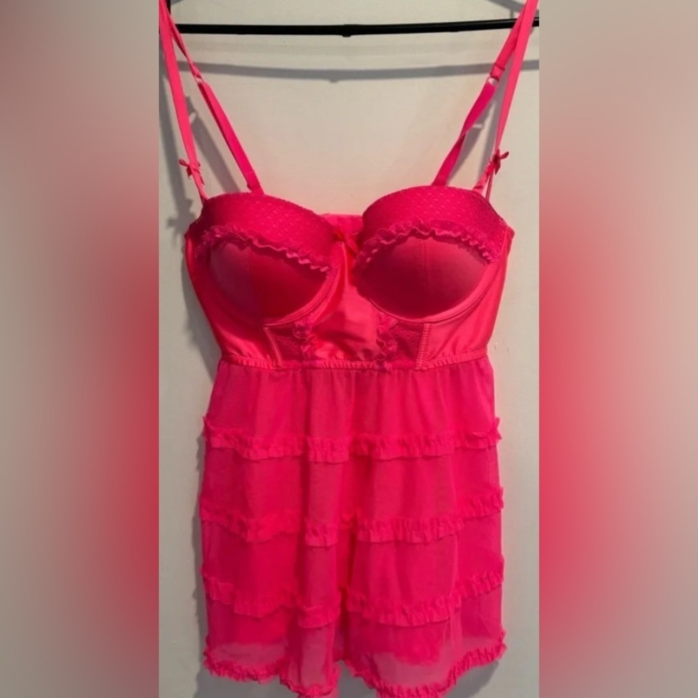 La Senza push up baby doll neon pink mesh frill corset romantic pinup lingerie M